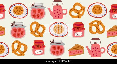 Seamless cozy kitchen pattern with pretzels, strawberry jam, pink teapot, pie, sweet pastries, and berries on a warm beige background, charming autumn inspired repeat design for fabric, wallpaper, wrapping paper, kitchen decor, and cottagecore food themed projects Stock Vector
