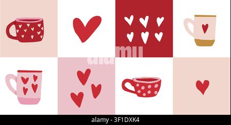 Seamless Valentine patchwork pattern with hand drawn coffee cups, hearts, and cozy checkerboard squares in pink, red, beige, and white tones, romantic repeat design for fabric, wallpaper, wrapping paper, kitchen textiles, Valentine Day decor, and charming seasonal projects Stock Vector