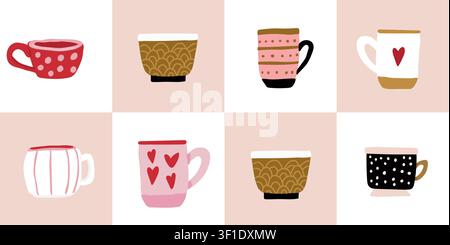 Seamless patchwork cups pattern with modern coffee mugs and tea cups arranged in alternating beige and white checkerboard squares, cozy Scandinavian inspired repeat design for fabric, wallpaper, kitchen textiles, wrapping paper, and autumn home decor Stock Vector