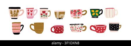 Autumn cups clipart set with 12 stylish ceramic mugs and tea cups featuring floral, lemon, heart, dotted, and Asian inspired motifs, modern collection for stickers, packaging, branding, scrapbooking, planners, greeting cards, cafes, and cozy kitchen themed design projects Stock Vector