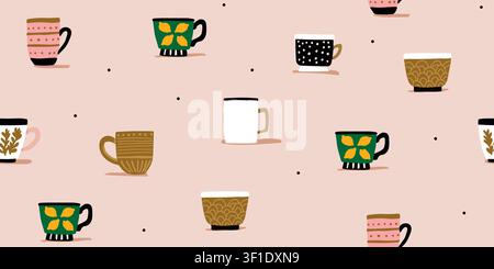 Seamless modern cups pattern with minimalist coffee mugs, tea cups, polka dots, and botanical motifs on a warm beige background, stylish Scandinavian inspired repeat design for fabric, wallpaper, wrapping paper, coffee shops, kitchen textiles, and contemporary home decor Stock Vector