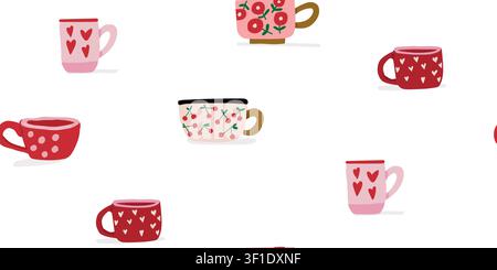 Seamless pink cups pattern with stylish feminine coffee mugs decorated with hearts, flowers, and cherries on a white background, airy romantic repeat design for fabric, wallpaper, wrapping paper, kitchen textiles, Valentine Day projects, and cozy spring decor Stock Vector