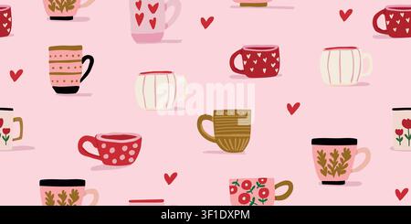 Seamless Valentine cups pattern with romantic coffee mugs, tea cups, and heart motifs on a soft pink background, charming repeat design for fabric, wallpaper, wrapping paper, kitchen textiles, Valentine Day decor, and cozy tea time projects Stock Vector