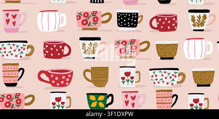Seamless autumn cups pattern with stylish coffee mugs, tea cups, and porcelain drinkware decorated with floral and heart motifs on a warm beige background, cozy kitchen inspired repeat design for fabric, wallpaper, wrapping paper, kitchen textiles, and Scandinavian home decor Stock Vector