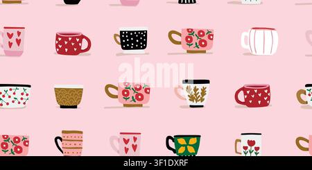 Seamless colorful cups pattern with stylish ceramic mugs and modern drinkware on a soft pink background, elegant Scandinavian inspired repeat design for fabric, wallpaper, wrapping paper, kitchen textiles, coffee lovers, and contemporary feminine home decor Stock Vector