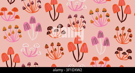 Seamless mushroom pattern with clustered woodland fungi in soft pink, beige, cream, and warm orange tones on a dusty pink background, stylish Scandinavian inspired repeat design for fabric, wallpaper, wrapping paper, seasonal decor, and cozy autumn projects Stock Vector