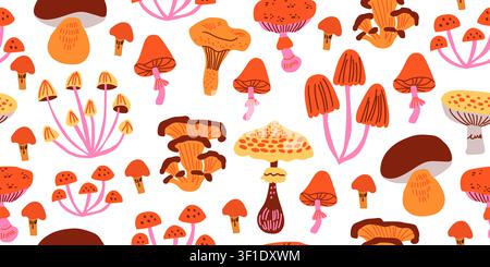 Seamless autumn mushroom pattern with chanterelles, porcini mushrooms, fly agarics, and woodland fungi in warm harvest colors on a white background, cozy Scandinavian inspired repeat design for fabric, wallpaper, wrapping paper, seasonal decor, and autumn themed projects Stock Vector