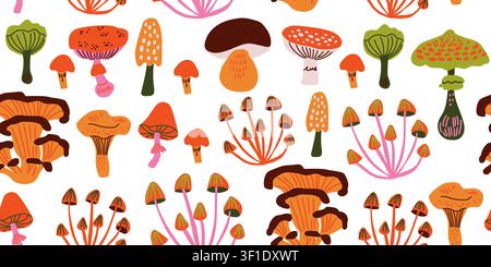 Seamless woodland mushroom pattern featuring a variety of forest fungi, chanterelles, porcini mushrooms, fly agarics, boletes, and wild mushrooms on a white background, botanical inspired repeat design for fabric, wallpaper, packaging, field guides, nature themed projects, and mushroom lover decor Stock Vector