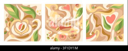 Vector set of abstract creative backgrounds with coffee lineart icons for coffee shop and house - simple, stylish and minimal designs Vector Stock Vector