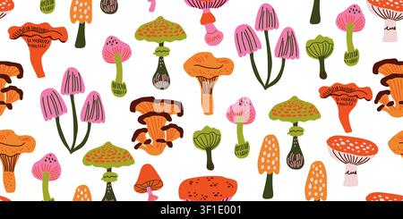 Seamless colorful mushroom pattern with chanterelles, fly agarics, and assorted woodland fungi in warm pink, orange, green, and earthy tones on a white background, charming kitchen inspired repeat design for fabric, wallpaper, wrapping paper, kitchen decor, and cozy autumn projects Stock Vector