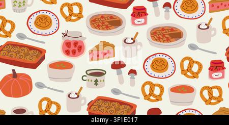 Seamless autumn food pattern with pumpkin soup, coffee, cocoa with marshmallows, pie, pretzels, pastries, jam, mushrooms, and pumpkins on a warm beige background, cozy kitchen themed repeat design for fabric, wallpaper, wrapping paper, seasonal decor, and fall culinary projects Stock Vector