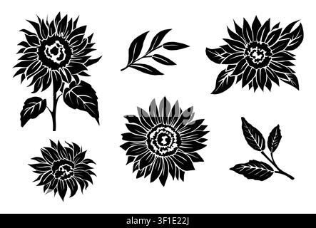 Sunflowers bloom in bold, black silhouettes set Stock Vector