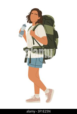 Woman walks with a large hiking backpack. Stock Vector