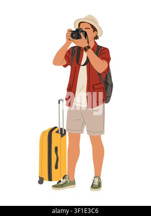 Traveler captures moments with camera hat suitcase Stock Vector