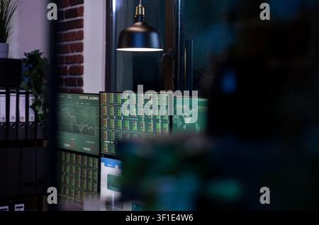 Dark office monitors display trading charts and market data, creating a quiet workspace for financial analysis and investment anticipation. Stock Photo