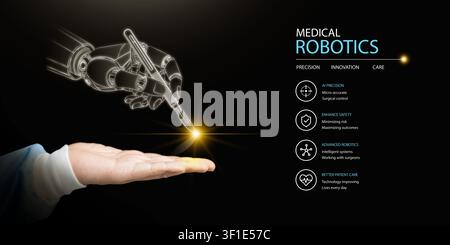 Medical robotics concept of robotic surgical hand interacting with surgeon or doctor hand. AI precision, advanced healthcare innovation, automation in Stock Photo