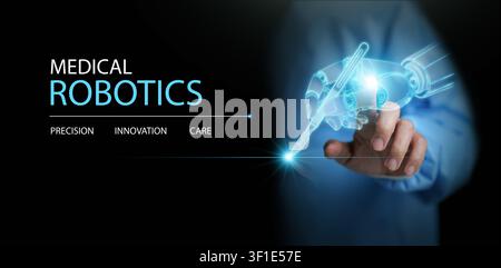 Medical robotics concept. Doctor or surgeon touching digital robotic hand with surgical scalpel. AI precision, innovation, care, advanced healthcare t Stock Photo