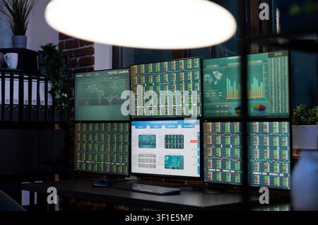 Empty desk with multi screens displaying forex charts, ready for the team to begin trading in modern, tech savvy workplace, desktop monitors showing financial data, prepared for night shift workers. Stock Photo
