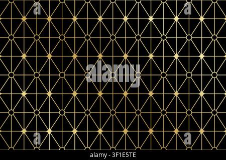 Gold art deco or nouveau pattern on black background. Shiny premium geometric print with rectangle and diamond shapes. Elegant minimalistic wallpaper. Golden abstract ornament. Vector illustration. Stock Vector