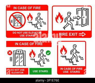 Fire emergency exit door, use stairs, not elevator lift in case building burning flame. Person escape run down stairway safety evacuation warning sign Stock Vector