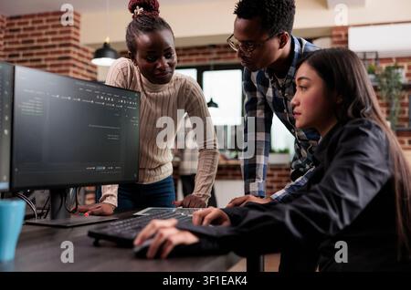 Ethical hacking team develops an advanced firewall mechanism, defending a database system through security work and mainframe processing. Stock Photo