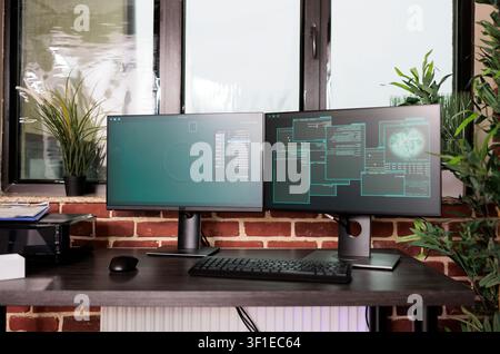 Empty coding room contains several monitors displaying source code, terminal windows and algorithms in a software development workspace, with the action centered on security, technology and a. Stock Photo