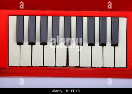 A detailed close-up shot of the black and white keys on a compact, red-framed electronic keyboard or synthesizer. The clean, retro-inspired design and Stock Photo