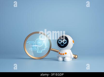 Cute chatbot robot and magnifying glass with AI intelligence interface. Artificial intelligence, AI search optimization, machine learning, data analys Stock Photo