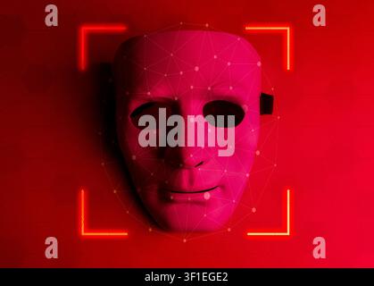 Deepfake detection and AI fraud concept featuring facial recognition technology scanning fake identity mask. Biometric authentication, identity verifi Stock Photo