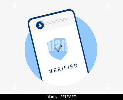 Verified account with identity verification, secure profile authentication and trusted user status for mobile applications. Account protection, verified badge, flat design vector illustration. Stock Vector