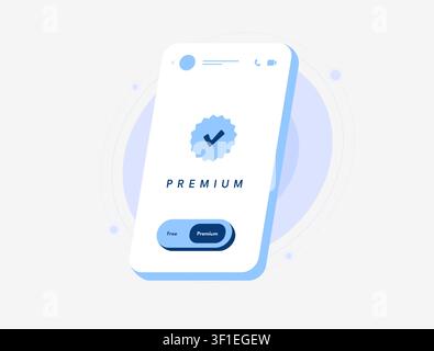 Premium account upgrade with subscription activation, plan selection and verified access for mobile applications. Feature unlock, premium membership and paid plan, flat design vector illustration. Stock Vector
