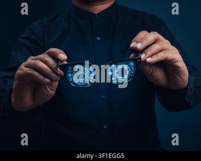 Future vision concept. AI-powered smart glasses with augmented reality interface, showcasing advanced technology, wearable innovation, smart devices, Stock Photo