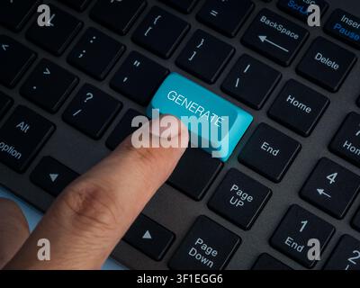 Finger pressing generate button on computer keyboard. AI content creation, generative artificial intelligence, automation, digital productivity, promp Stock Photo