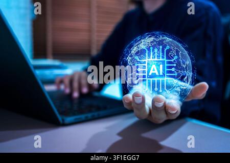 Glowing digital tech AI globe in businessperson hands. Human control, AI adoption, artificial intelligence empowering, future innovation, digital tran Stock Photo