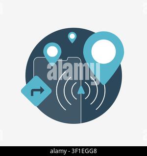Real-time location tracking with GPS monitoring, live position updates and navigation signals for mobile applications. Location awareness, flat design vector illustration. Stock Vector
