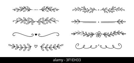 Floral ornament line border set. Hand drawn line doodle style floral divider elements. Flower, vine leaf ornament border frame text vintage flourish decoration. Vector illustration Stock Vector