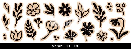 Flower brush leaf sticker set. Hand drawn flower brush leaf floral paint stroke sketch with paper scrapbook collage texture. Botanical spring daisy poppy leaves herb summer. Vector illustration Stock Vector