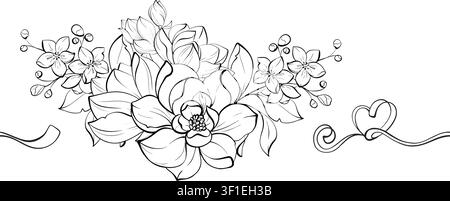 Magnolia seamless vector border black and white fine line botanical illustration, lush vintage French floral repeat for chocolate packaging, tea Stock Vector