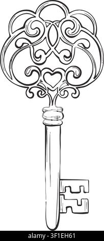 Key vintage heart black white line art illustration, elegant antique outline drawing isolated for wedding stationery, branding and labels Stock Vector