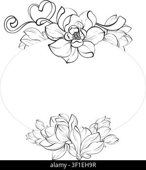 Magnolia vector oval botanical frame black and white fine line illustration, vintage floral border for wedding stationery, certificates, branding and Stock Vector