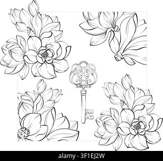 Magnolia vector artistic botanical frame black and white fine line illustration, elegant floral composition for posters, interior prints, branding and Stock Vector