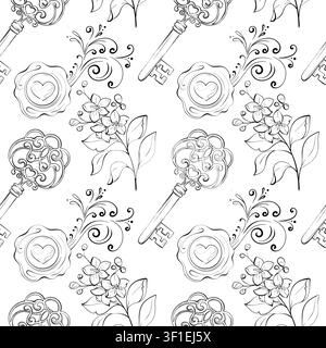 Jasmine seamless vector pattern black and white fine line drawing, vintage French design with antique key and wax seal for journals, stationery and Stock Vector