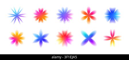 Smooth blurry iridescent gradient spark flower pack. Colored blurred bloom shape collection. Vector bright gradation floral aura set. Abstract blossom elements for sticker, poster, badge, collage Stock Vector