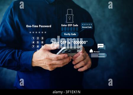 User checks a one-time password on a smartphone with digital verification overlays, illustrating secure login, mobile authentication, identity protect Stock Photo