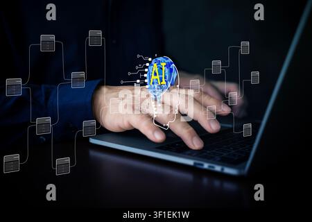 Close-up of a professional using a laptop with an AI brain interface and connected server icons, illustrating machine learning, data processing, autom Stock Photo
