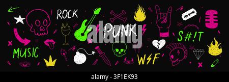 Grunge punk skull collage art. Sketchbook chalk markings. Funky arrow shapes. Colorful Vector illustration on black background Stock Vector