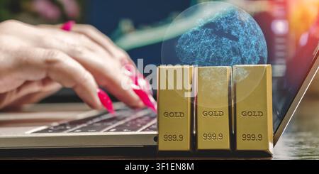 Macroeconomics and worldwide wealth management. Miniature gold bullion with virtual digital network sphere and female hands working on a computer. Stock Photo