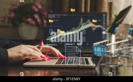 Woman typing on laptop with futuristic AI indexing hologram and digital document folder structure overlay. Stock Photo