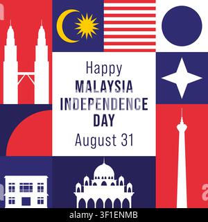 Happy Malaysia Independence Day Square Graphic Design Geometric Shape Stock Vector