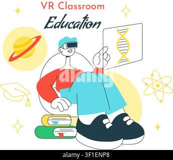 VR Classroom Education Illustration Featuring Students Learning with Virtual Reality Headsets, Digital Lessons, and Online Learning Technology Stock Vector